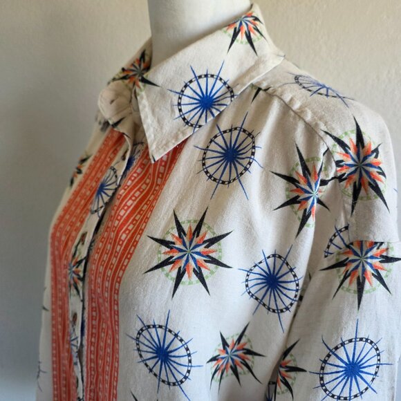 Anthropologie Compass Button Shirt Linen Blend Short Sleeve Oversized Boxy XXS - Picture 4 of 8